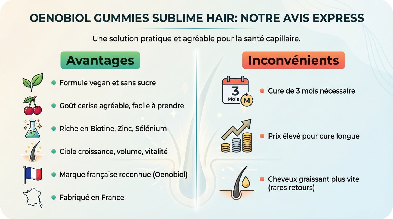 Tableau récapitulatif des avantages et inconvénients des gummies Oenobiol Sublime Hair pour la croissance capillaire