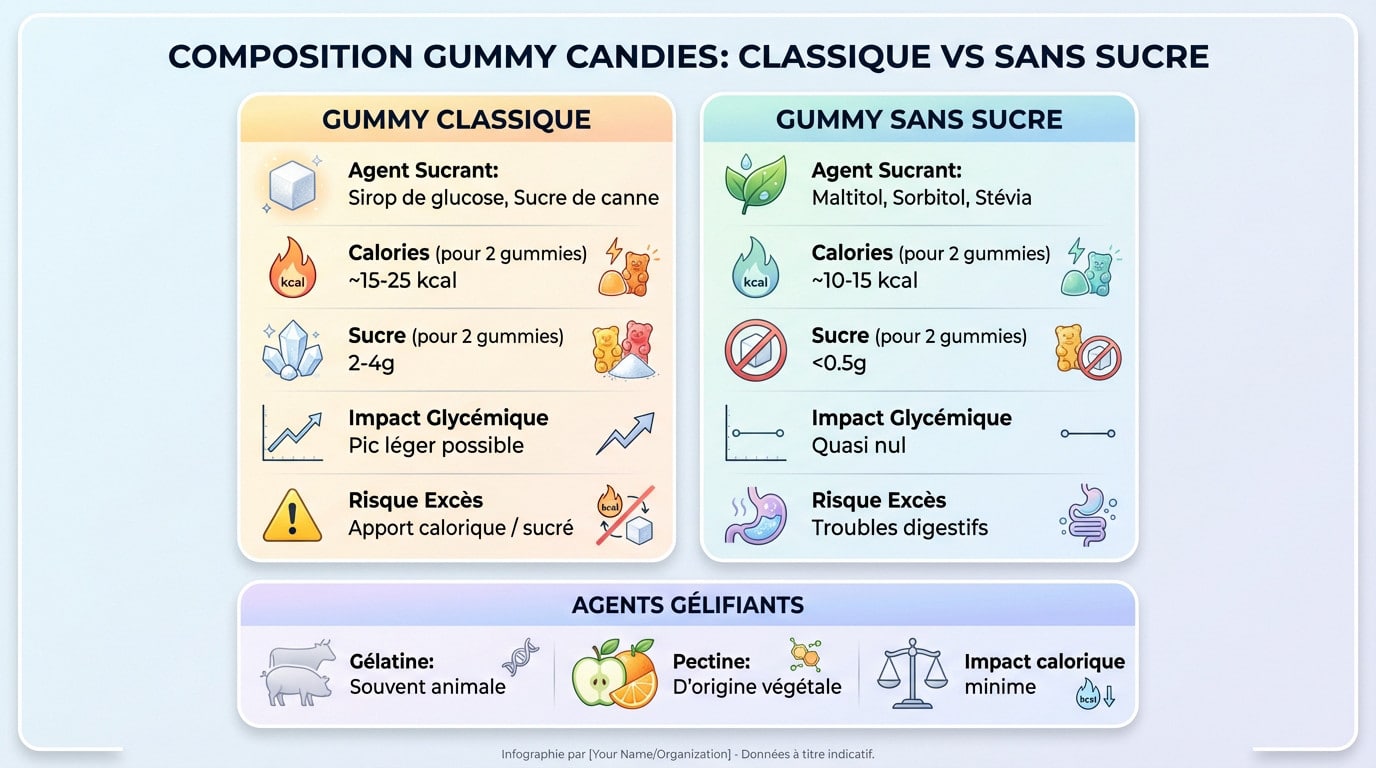 Tableau comparatif de la composition nutritionnelle entre gummies sucrées et sans sucre