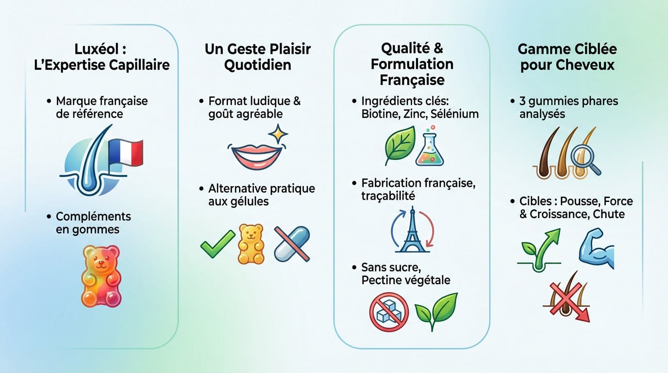 Gamme de gummies Luxéol pour la pousse et la force des cheveux