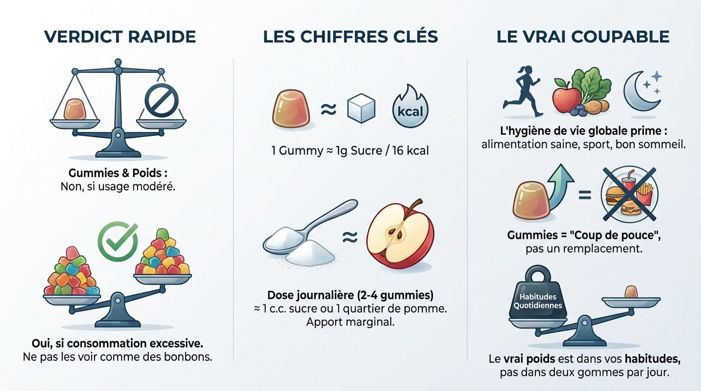 Comparaison calorique entre des gummies et une pomme pour illustrer l'impact sur le poids