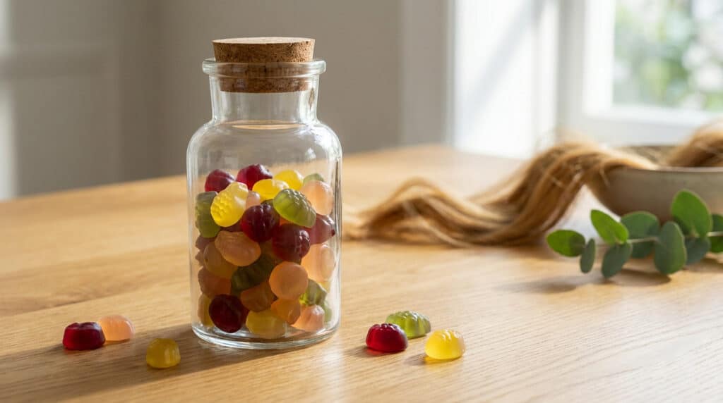bocal contenant des gummies nutrivie, posé sur une table avec des cheveux en fond