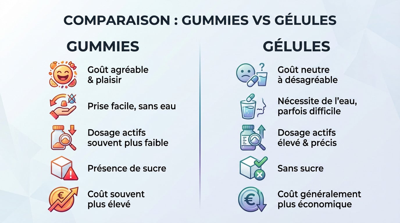 Comparaison visuelle entre des gummies colorés et des gélules classiques pour choisir le meilleur format