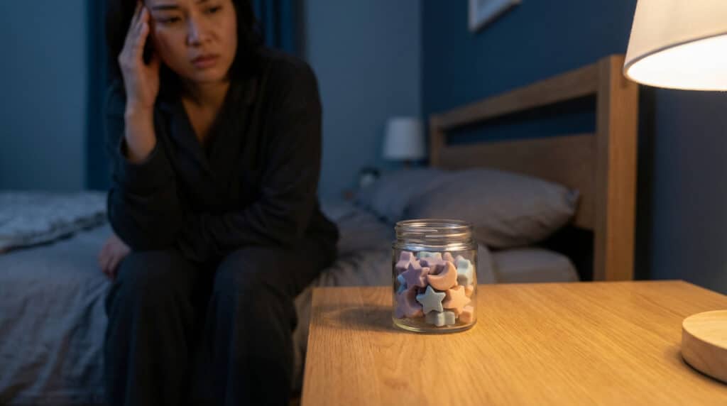 A blurred person with a concerned expression touches their temple, next to a jar of colorful star and moon sleep gummies on a bedside table.