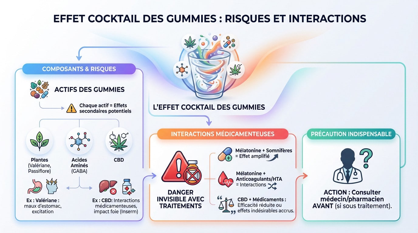 Illustration des risques d'interactions médicamenteuses liés à l'effet cocktail des gummies sommeil