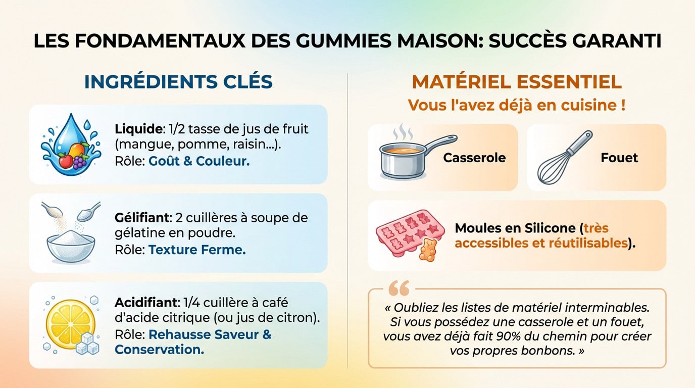 Ingrédients et matériel essentiel pour faire des gummies maison : jus de fruit, gélatine et moules en silicone