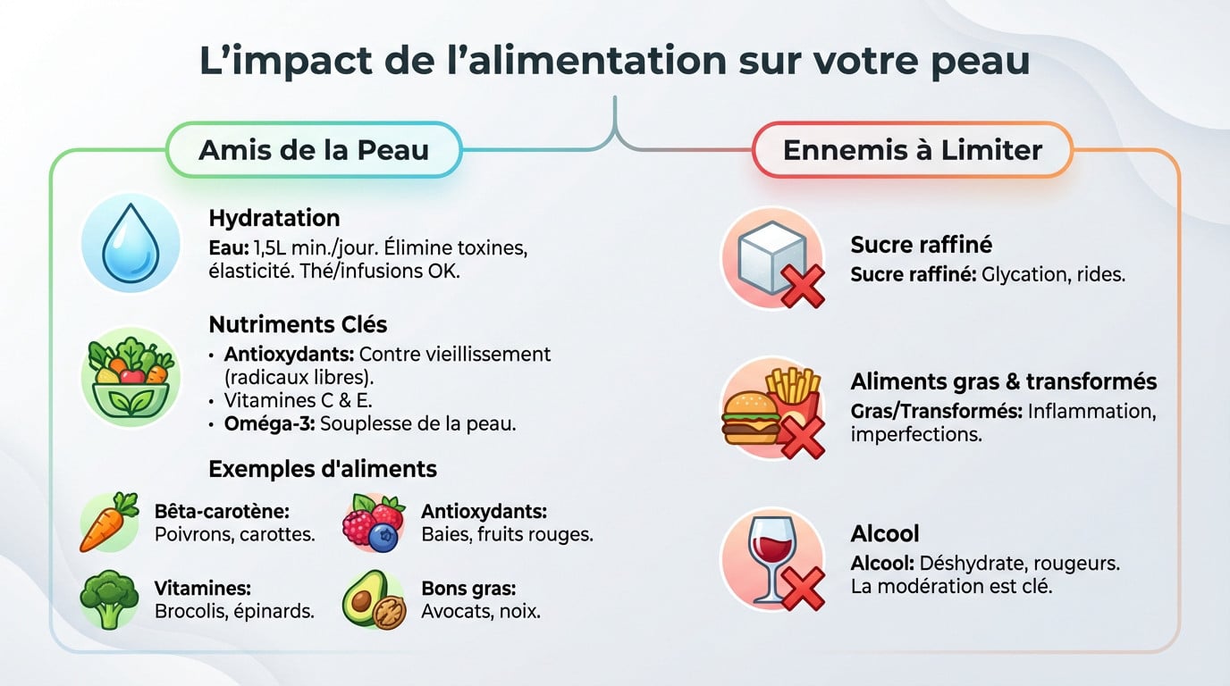 Aliments sains et eau pour une peau éclatante et hydratée