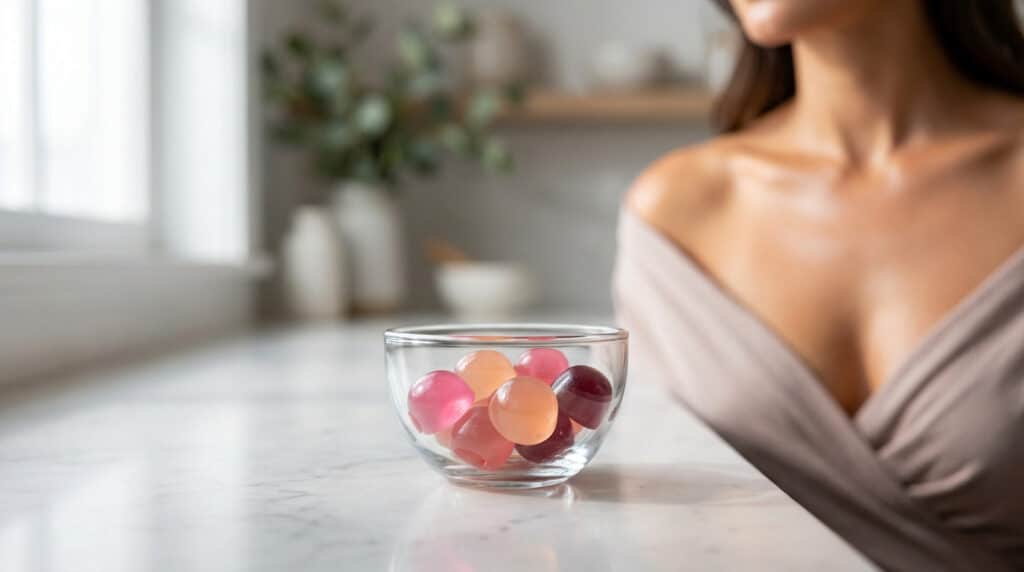 Glass bowl of vibrant pink, peach, and berry skin gummies on marble. Soft-focus décolletage with luminous skin in background.