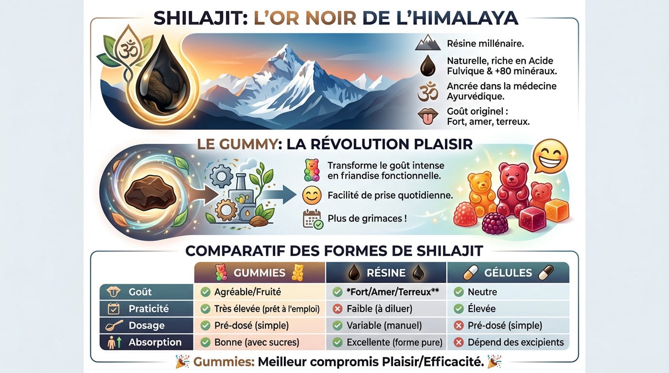 Comparaison visuelle entre la résine brute de shilajit et les gummies shilajit fruités