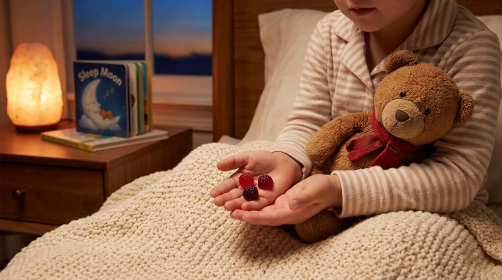 Child in pajamas holding berry-shaped sleep gummies in a cozy, softly lit bedroom with a teddy bear and 'Sleep Moon' book.
