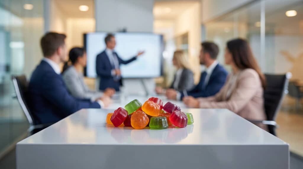 A pile of vibrant red, orange, green, and purple gummy candies on a polished table, with a blurred professional meeting in the background.