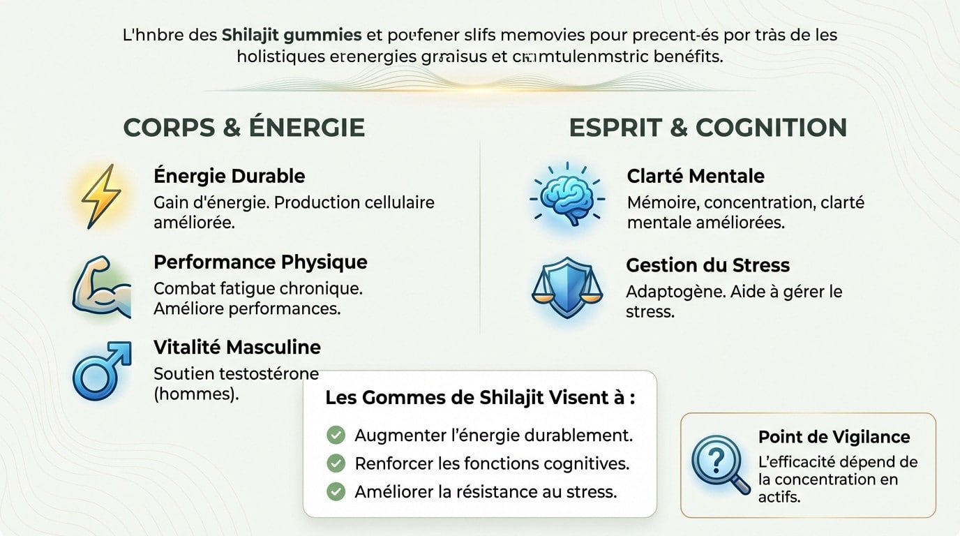 Infographie détaillant les bienfaits du shilajit sur l'énergie et le mental