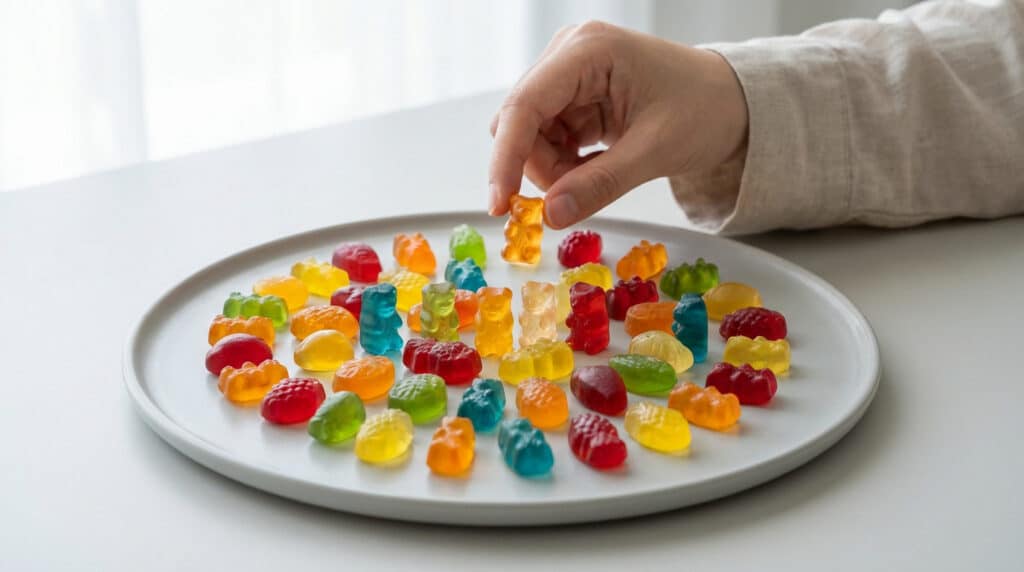 A hand picks an orange gummy bear from a plate filled with various colorful, translucent fruit and bear-shaped gummies on a white table. Soft lighting.