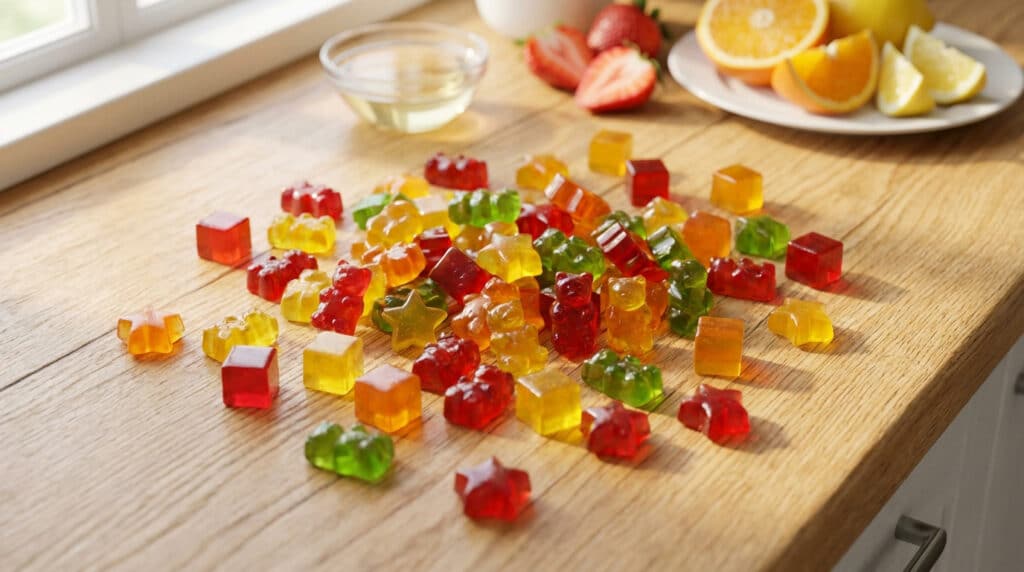 Vibrant homemade fruit gummies in bear, star, and square shapes on a wooden counter. Fresh fruits and liquid in blurred background.